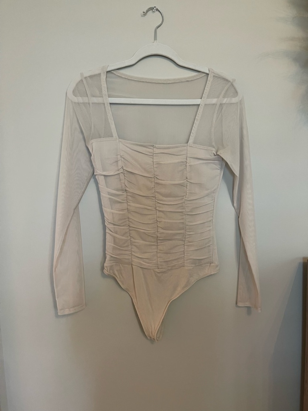 Abercrombie & Fitch Cream Ruched Mesh Long-Sleeve Bodysuit